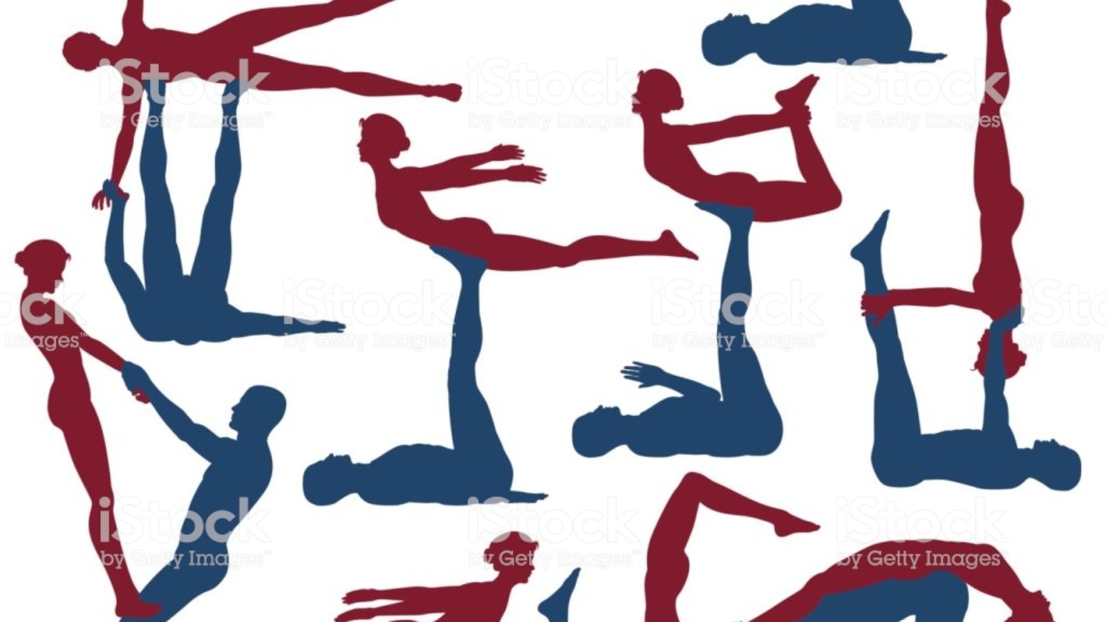Set of editable vector silhouettes of man and woman in various acroyoga positions